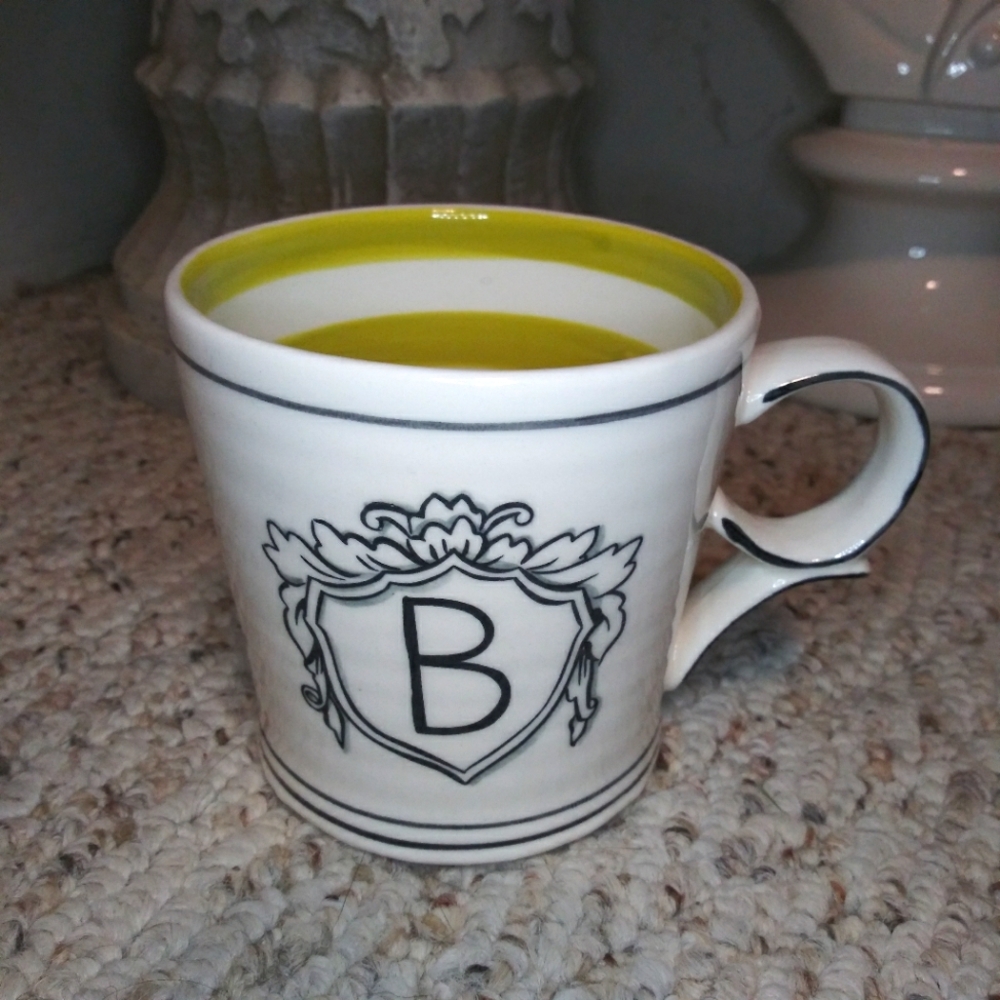 Anthropologie Molly Hatch Shield "B" Initial & Lime Stripe Coffee Mug - Picture 6 of 6